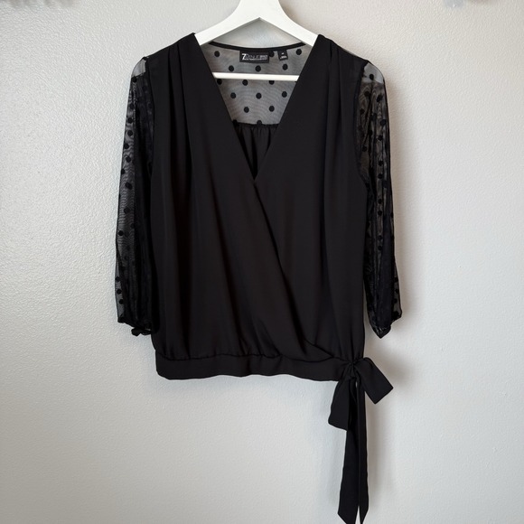 New York &‎ Company 7th Ave Women XS Mesh Polla Dot 3/4 Sleeve Black Blouse Top - Picture 2 of 9